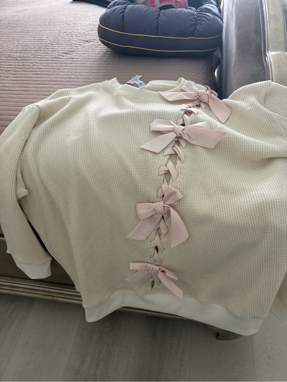 Metallic Cream Knit Sweater with Pink Ribbon Bows